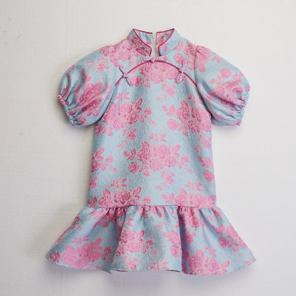 CULTIVATION Kids Brocade Puff Sleeve Flounce Dress (Pink Light Blue) | Isetan KL Online Store