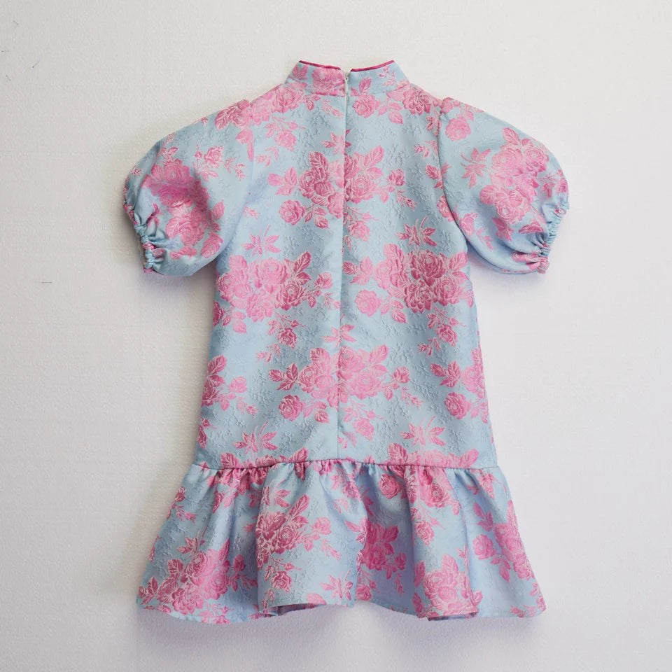 CULTIVATION Kids Brocade Puff Sleeve Flounce Dress (Pink Light Blue) | Isetan KL Online Store