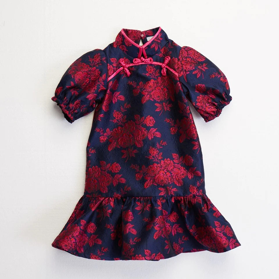 CULTIVATION Kids Brocade Puff Sleeve Flounce Dress (Red Navy) | Isetan KL Online Store