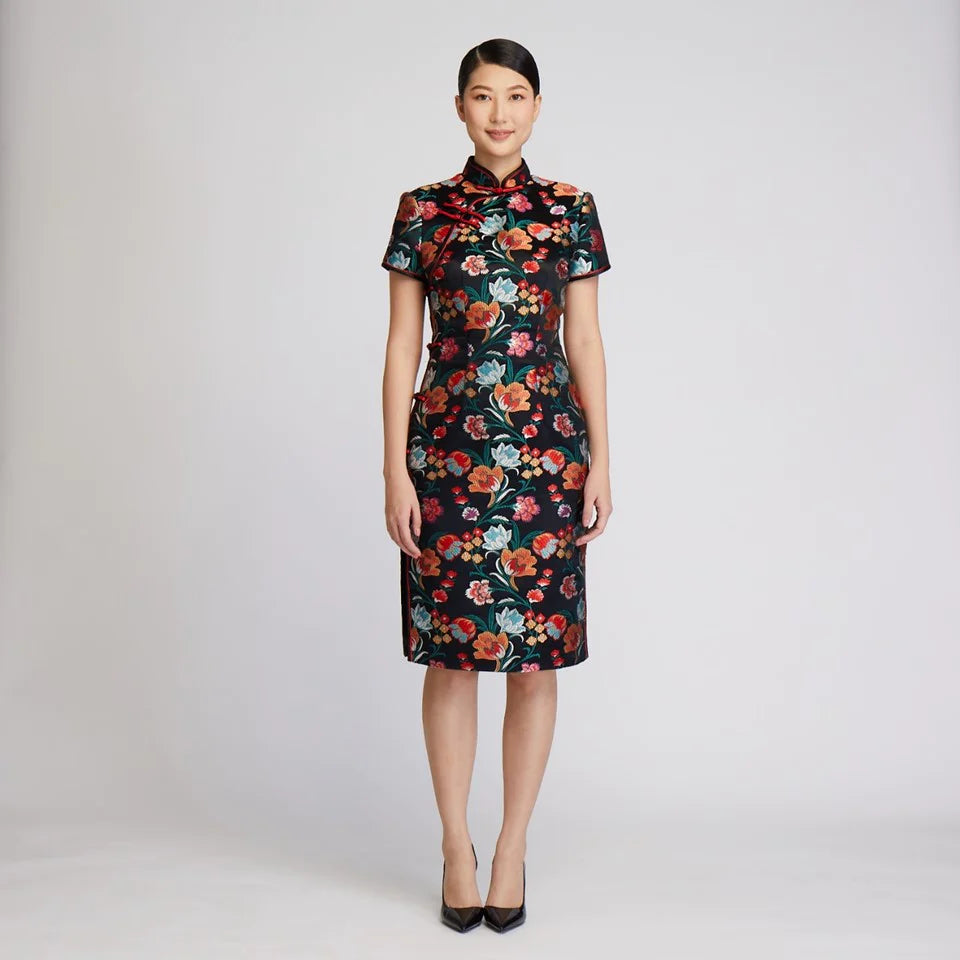 CULTIVATION Blue & Red Floral Brocade Qipao (Black) | Isetan KL Online Store