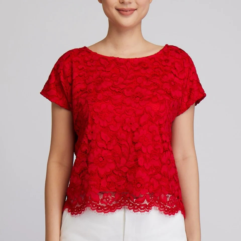 CULTIVATION Cap Sleeve Boxy Cut Lace Blouse (Red) | Isetan KL Online Store