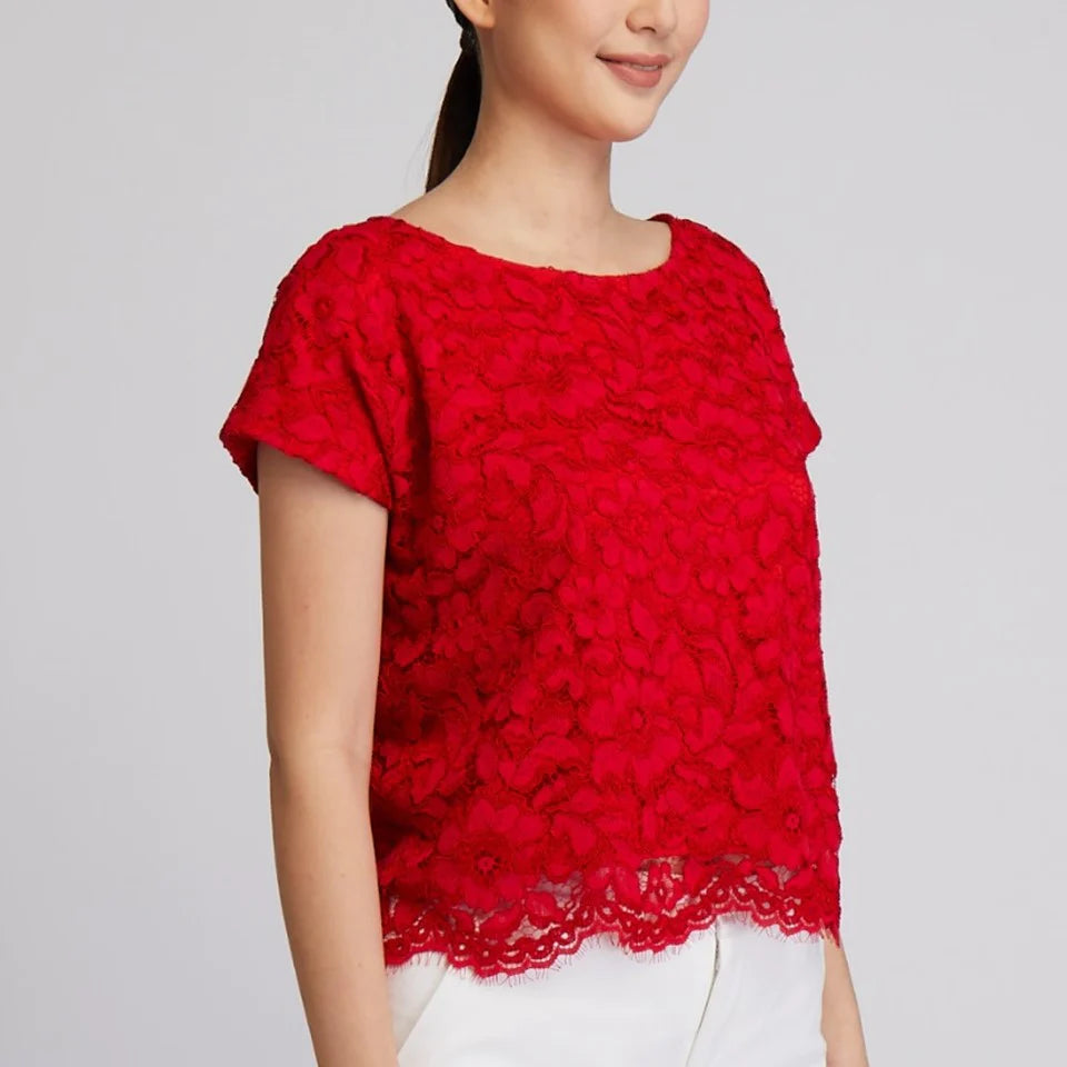 CULTIVATION Cap Sleeve Boxy Cut Lace Blouse (Red) | Isetan KL Online Store
