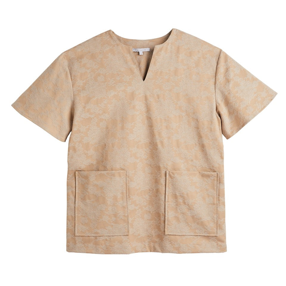 CULTIVATION Embroidered Short Sleeve Boxy Cut Top (Beige) | Isetan KL Online Store