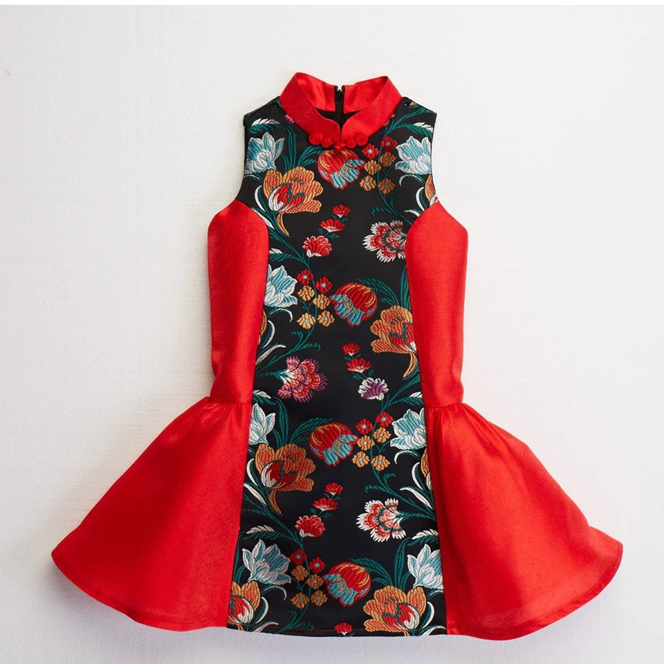 CULTIVATION Kids Red & Blue Floral Brocade Dress (Red Black) | Isetan KL Online Store