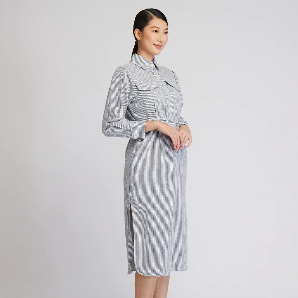 CULTIVATION Long Sleeve Cotton Shirt Dress (Navy) | Isetan KL Online Store