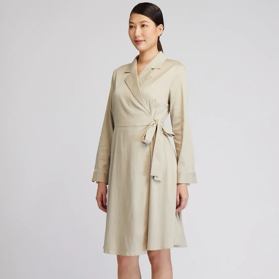 CULTIVATION Long Sleeve Wrap Shirt Dress (Beige) | Isetan KL Online Store