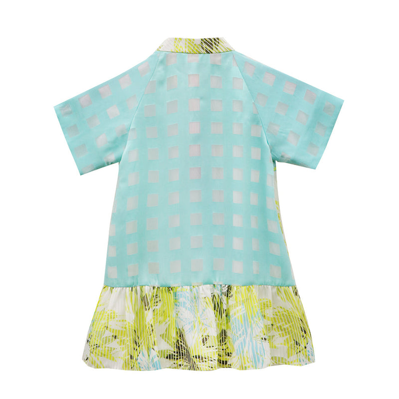 KHOON HOOI x CULTIVATION Girls Checks and Floral A-line Dress with Raglan Sleeves (Blue) | Isetan KL Online Store